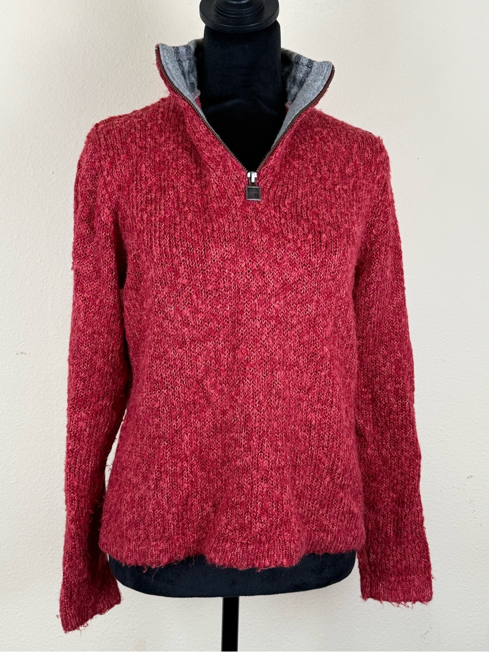 Vintage Woolrich Sweater Medium Ruby Red Chunky Knit 1/4-Zip Lambs Wool Trim